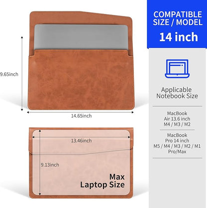 14 Inch Leather Laptop Sleeve for MacBook Pro 14 Inch M5 M4 M3 M2 M1 Pro/Max Case,Premium Protective Case Cover with Magnetic Closure-Vintage Brown