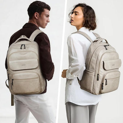 Leresas 37L Backpack Purse for Women Men Vegan Leather Teacher College Bag Daypack Work Business Back Pack Fashion Travel Back Pack Light Grey