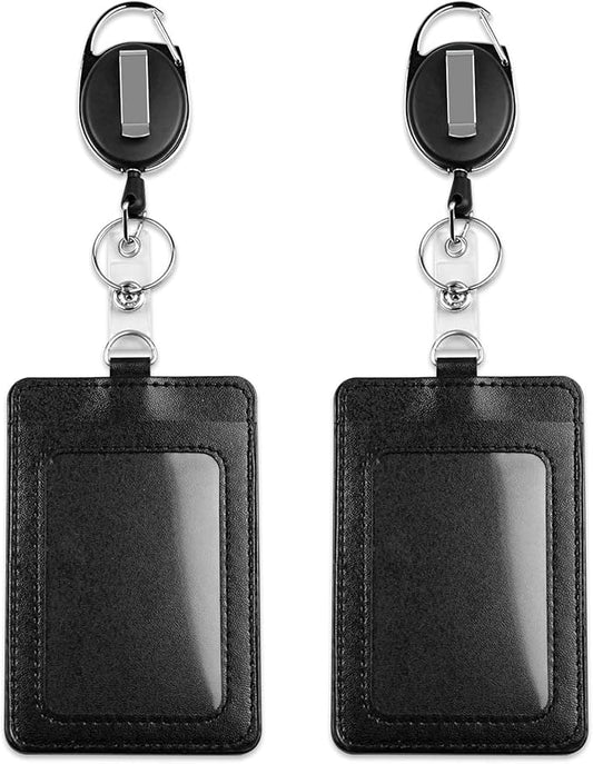 2-Pack PU Leather Vertical ID Badge Holders with Heavy Duty Retractable Reel Clips – Clear Window & 2 Card Slots (Black)