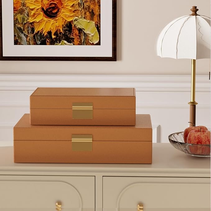 Decorative Storage Boxes Set of 2 - Multi-Purpose Beautiful PU Leather Organizer Bins for Your Home Decor - Decorative Containers with Lids Store Photos, Documents, Memory Box Keepsakes (Brown)