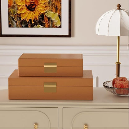 Decorative Storage Boxes Set of 2 - Multi-Purpose Beautiful PU Leather Organizer Bins for Your Home Decor - Decorative Containers with Lids Store Photos, Documents, Memory Box Keepsakes (Brown)