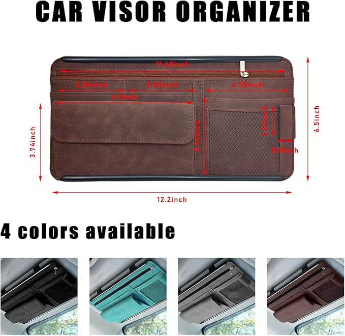 Yourkar Car Sun Visor Organizer, Soft Leather Surface Eyeglasses Note Card Holder Car Storage Bag, Scratch-Resistant Waterproof Auto Sunshade Organizer Bag, Car Accessories (Brown)