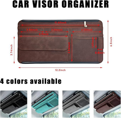 Yourkar Car Sun Visor Organizer, Soft Leather Surface Eyeglasses Note Card Holder Car Storage Bag, Scratch-Resistant Waterproof Auto Sunshade Organizer Bag, Car Accessories (Brown)