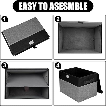 Bagnizer Large 22 Quart Linen Fabric Foldable Storage Bin Cube Organizer Basket with Flip-Top Lid & Handles, Clothes Blanket Box for Home, Office, Closet, Black & Gray, 4 Pack 14.6 x 9.5 x 9.5