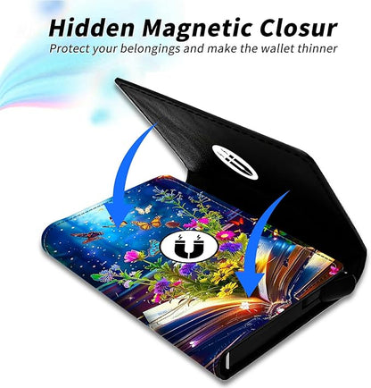 Minimalist Wallet for Men's Card Holders, Pop-Up Card Case Durable Wallets for Women, Leather Automatic Credit Card Holder with Metal Money Clip RFID Blocking Bifold Pocket, Book Flower