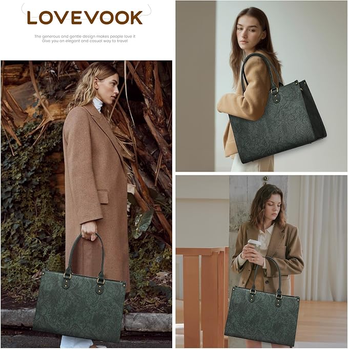 LOVEVOOK Laptop Tote Bag for Women, 15.6 Inch Large Capacity Vintage Leather Work Computer Bag, Business Casual Shoulder Handbag, Green Embossed