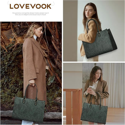 LOVEVOOK Laptop Tote Bag for Women, 15.6 Inch Large Capacity Vintage Leather Work Computer Bag, Business Casual Shoulder Handbag, Green Embossed