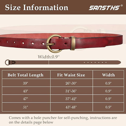 SANSTHS Womens Genuine Leather Belts for Jeans Pants Trendy Vintage Thin Leather Belt Gold Buckle Ladies Skinny Waist Belt