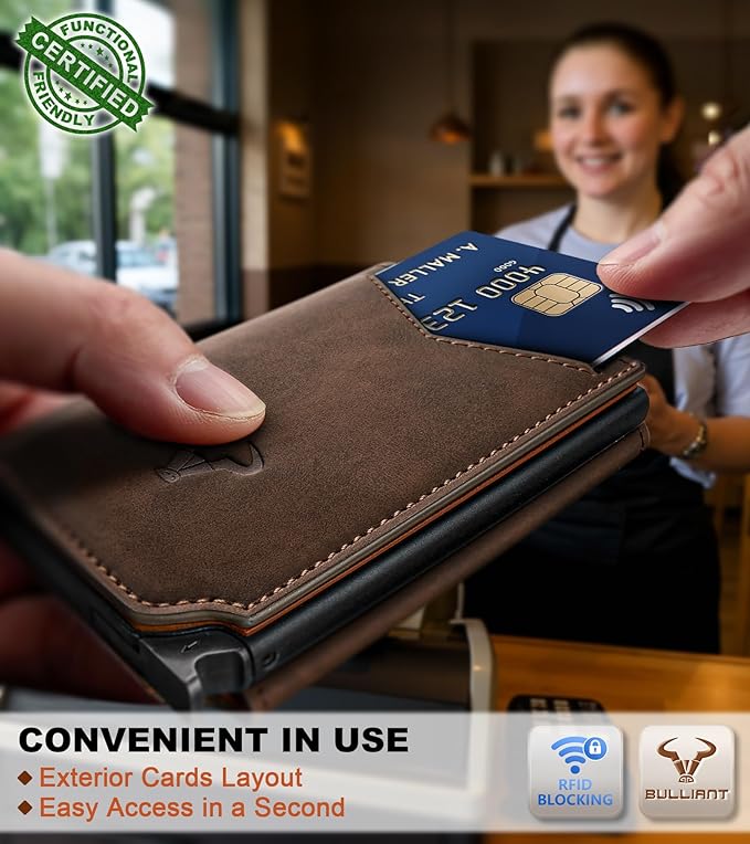 BULLIANT Men Wallet Leather Wallet Card Holders Money Clip for Men 10Cards-Magnetic Flip on Metal Case
