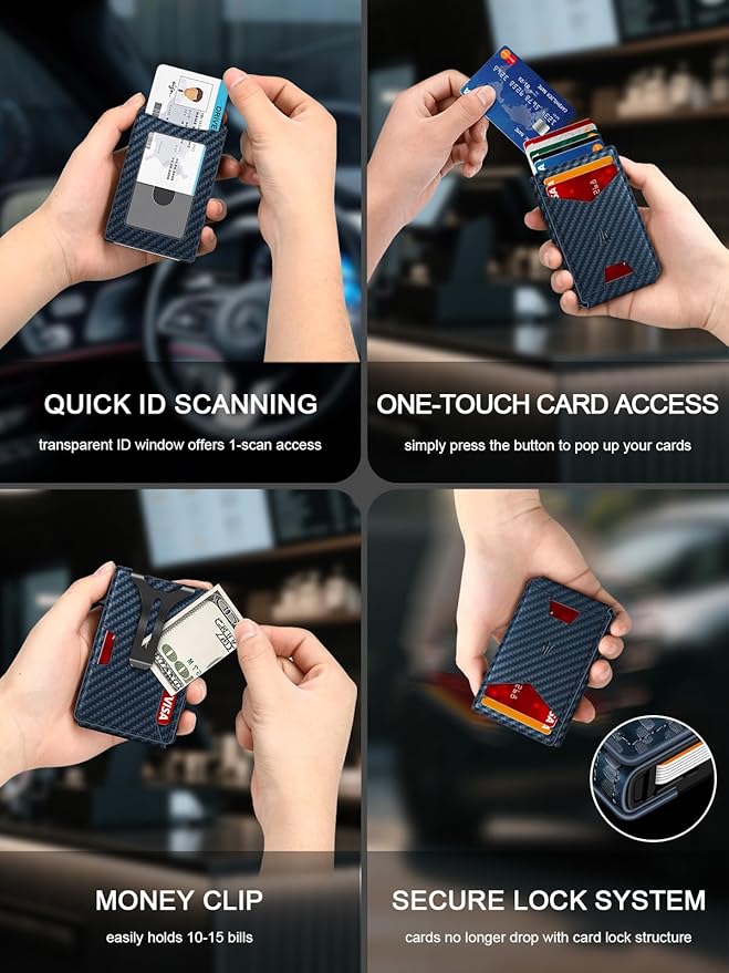 Wallet for Men, Slim Minimalist Wallet with Money Clip＆ID Window, RFID Blocking Pop-Up Credit Card Holder, Smart Auminum Mens Wallet Holds 9-13 Cards (Gift Box) (Blue Carbon Fiber)