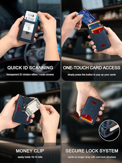 Wallet for Men, Slim Minimalist Wallet with Money Clip＆ID Window, RFID Blocking Pop-Up Credit Card Holder, Smart Auminum Mens Wallet Holds 9-13 Cards (Gift Box) (Blue Carbon Fiber)