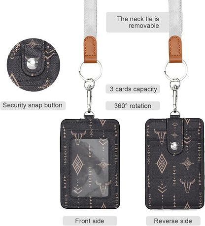 Badge Holder, Boho Pattern Bull Skull Horns PU Leather School College Business ID Badge Card Holder Wallet Case with 1 Clear Window, 2 Credit Card Slots and Detachable Neck Lanyard - Vertical
