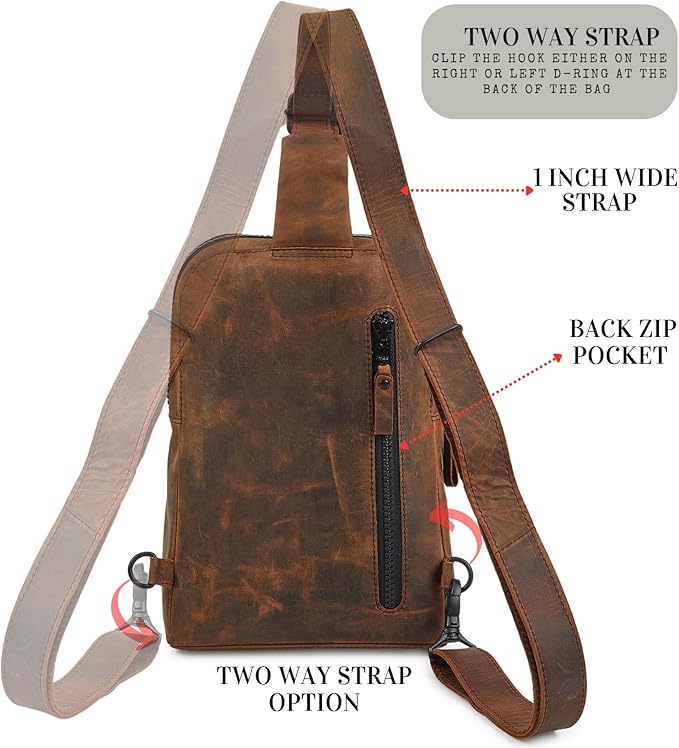 Leather Sling Bag for Women Genuine Crossbody Purse Small Trendy Cross Over Chest with Phone and Credit Card Slots (Cognac Crazy Horse)