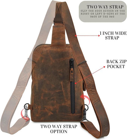 Leather Sling Bag for Women Genuine Crossbody Purse Small Trendy Cross Over Chest with Phone and Credit Card Slots (Cognac Crazy Horse)