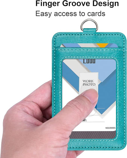 Wisdompro Badge Holder with Wrist Lanyard, 2-Sided PU Leather ID Card Holder Wallet Case with Wristlet Strap and Retractable Reel, Easy Swipe for Work, School, Metro and Access Card - Teal