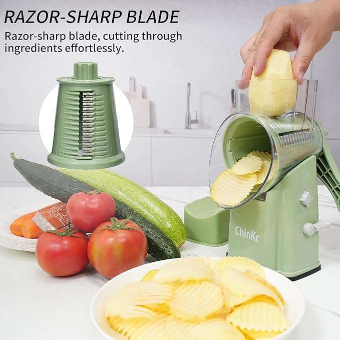 Upgrade Rotary Cheese Grater Shredder with Handle, Strong Suction Base, Multi-purpose Rotary Grater Slicer with 5 Interchangeable Blades for Ice, Vegetables, Fruit, Nuts with Blade Storage Box