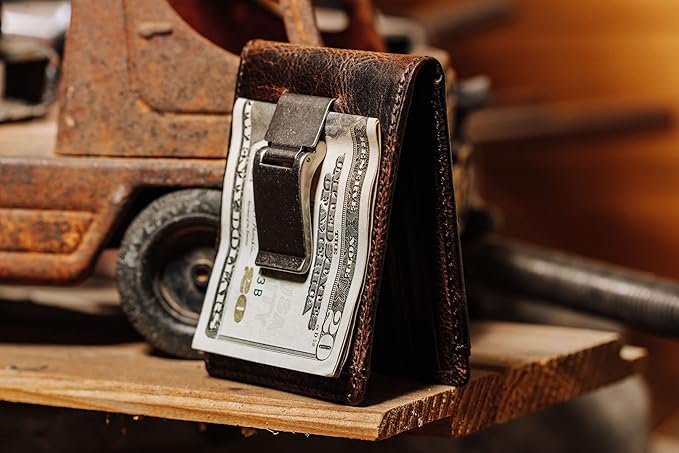 House of Jack Co. Deacon Bifold Money Clip Wallet for Men – Slim Front Pocket Leather Wallet with Metal Cash Clip, Exterior ID Window & Card Holder, Full-Grain Cowhide, Brown