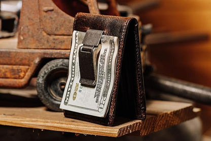 House of Jack Co. Deacon Bifold Money Clip Wallet for Men – Slim Front Pocket Leather Wallet with Metal Cash Clip, Exterior ID Window & Card Holder, Full-Grain Cowhide, Brown