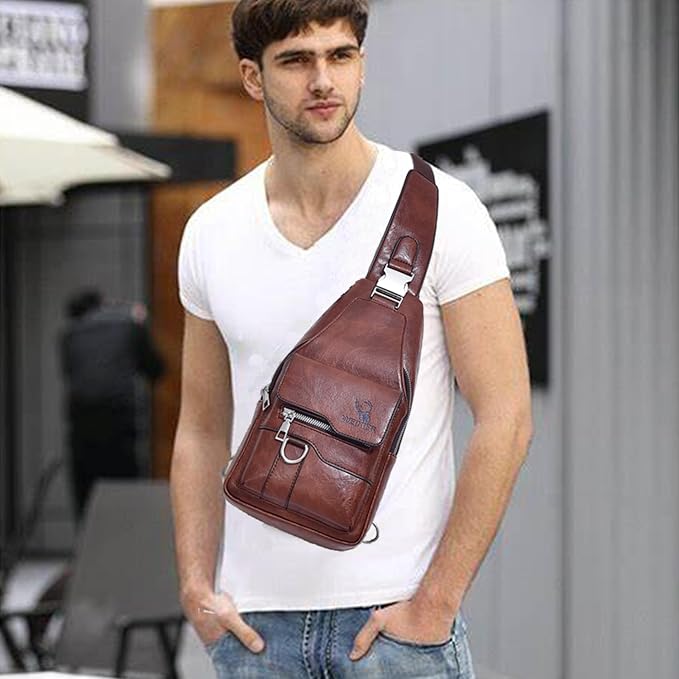 ANPTER Sling Bag for Men Crossbody Chest Bag,PU leather Over the Shoulder Purse Cross Body Sling Backpack for Travel