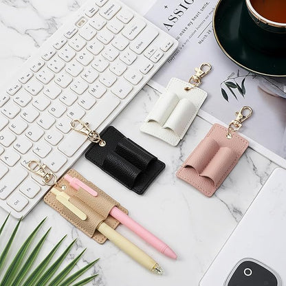 4PCS Lanyard Pen Clip Double Hole Leather Pen Holder, Anti-Lost Badge Pens Holders with Keychain, PU Neck Pens Holder Keychain Portable Badge Reel Tether for Office, Pink Beige Black White