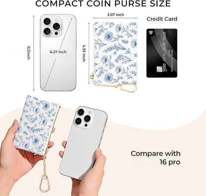 Blue Flower Keychain Coin Purse for Women, Abstract Small PU Leather Change Pouch, Zipper Little Tiny Travel Wallet for Girls, Cute Kawaii Zip Pocket Coin Holder with Key Ring