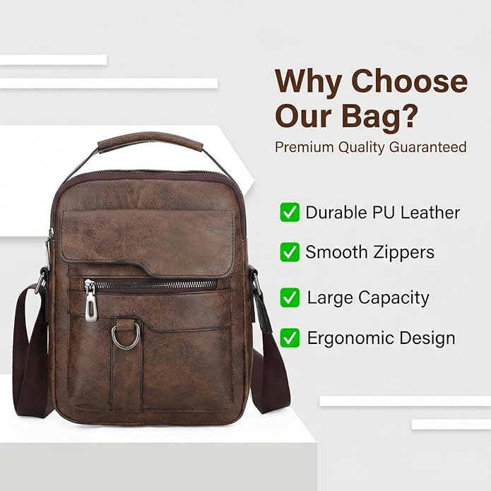 Men's Leather Crossbody Bag, Casual leather Bag for Men, Crossbody Bag Office Business,Handbag Purse Zipper