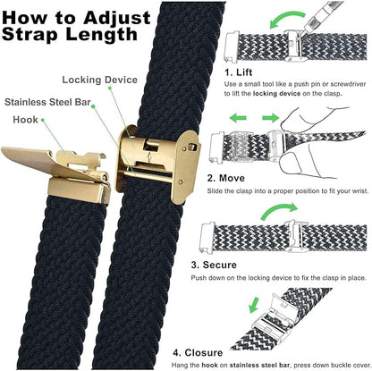 WOCCI 22mm Braided Nylon Watch Band for Men and Women, Quick Release, Golden Stainless Steel Buckle (Black)