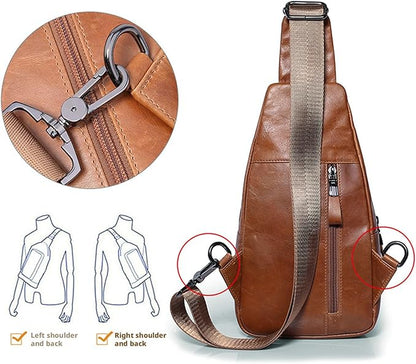 Hebetag Leather Sling Bag Hiking Daypack for Men Women Outdoor Travel Camping Fishing Crossbody Shoulder Chest Pack Daypack Small Brown