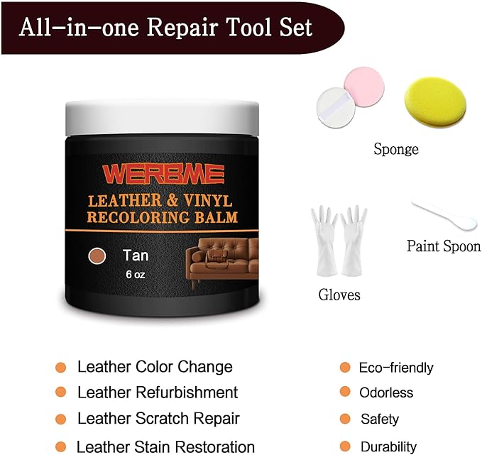 Leather Recoloring Balm & Color Restorer - Multipurpose Dye & Paint for Faded Leather Couches, Car Seats, Shoes | Fix Scratches on Clothing, Furniture & Accessories(Tan)