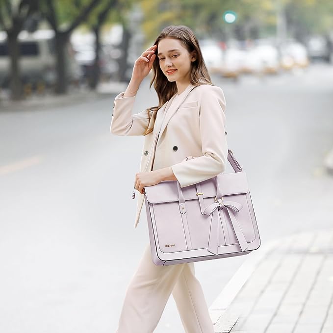 MOSISO Laptop Bag for Women, 13-14 inch PU Leather Laptop Shoulder Bags Convertible Backpack, 13.3 inch Messenger Bags Casual Handbag Work Briefcase Travel Computer Bag with Bowknot, Dusty Lilac