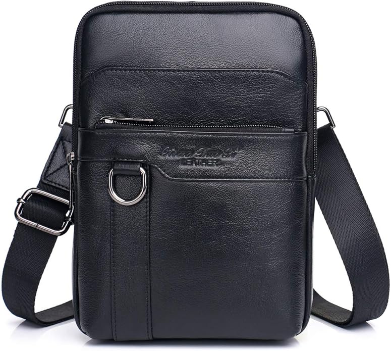 Hebetag Small Leather Sling Shoulder Bag Messenger Pack for Men Women Outdoor Travel Business