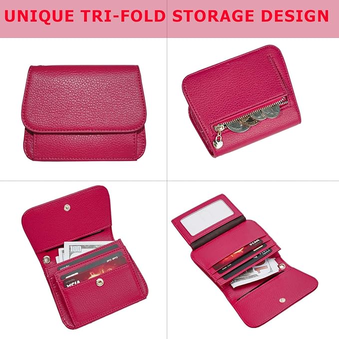 Women Small Wallet RFID Blocking Slim Wallet with Coin Pocket Tri-Fold Credit Card Holder with ID Window and Keychain (Red)