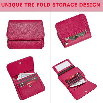 Women Small Wallet RFID Blocking Slim Wallet with Coin Pocket Tri-Fold Credit Card Holder with ID Window and Keychain (Red)