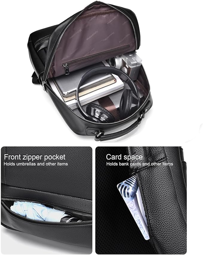 CHAO RAN Leather Laptop Backpack for Men Fit 15.6 Inch Laptop, Business Work Office College Medium Backpack with USB Charging Port, Waterproof Black Travel Bag (Black19)