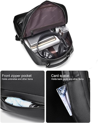 CHAO RAN Leather Laptop Backpack for Men Fit 15.6 Inch Laptop, Business Work Office College Medium Backpack with USB Charging Port, Waterproof Black Travel Bag (Black19)