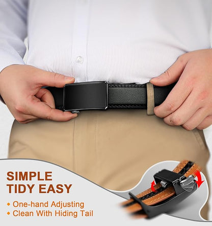 BULLIANT Men Ratchet Belt 2 Pack, Click Sliding Leather Belt Adjustable for Gift Men Dress Casual Jeans 1 3/8,Cut for Fit