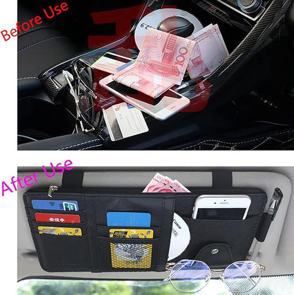 2 Packs Car Sun Visor Multi-Pocket Organizer for SUV & Truck, Auto Visor Storage Pouch with Big Zipper Pocket, Card Sleeve, Driving License, Insurance, Sunglasses, Pen, Key, Lipstick