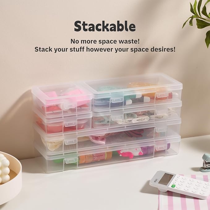 novelinks Plastic Small Storage Bins with Lids for Organizing, Mini Clear Storage Containers and Stackable Storage Box Organizer for Pencil Boxes, Task Boxes, Crayon Boxes (6 Pack Large)