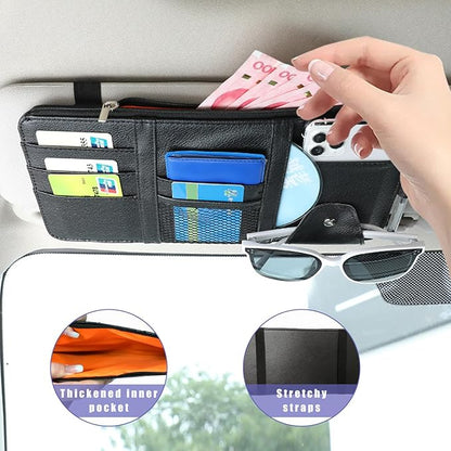 Augeny Car Sun Visor Organizer, Leather Multi-Pocket Auto Visor Storage Pocket Pouch Holder with Zipper, Vehicle Interior Accessories for Car Truck SUV Sun Visor Case Bag (Black)