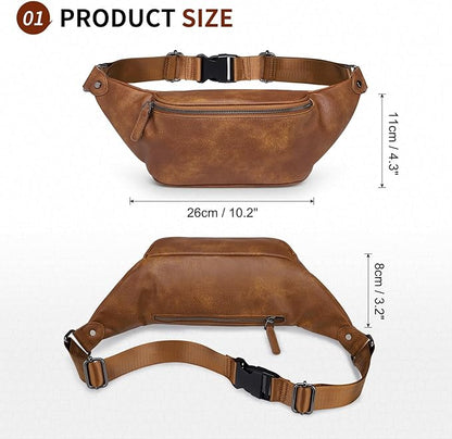Faux Leather Belt Bag for Men, Crossbody Sling Bag with Adjustable Strap, Back Zipper Pocket, Large Capacity Waist Pack for Travel, Work, Textured Brown