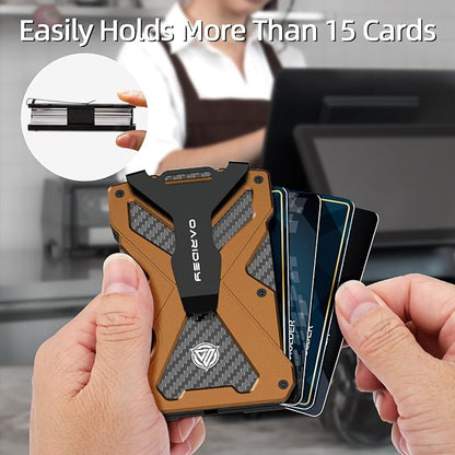 Minimalist Wallet for Men- Slim Aluminum Metal Money Clip Wallet with Clear ID Card Holder, Carbon Fiber Wallet, RFID Blocking,Holds up 15 Cards with Cash Clip,Ultra-Thin Tactical Wallet- Orange