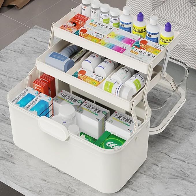 3-Tier 12 x 9 x 7 Medicine Organizer, Medicine Cabinet Organizer with Portable Pill Case, Multipurpose Plastic Box for Storage Empty First Aid Box
