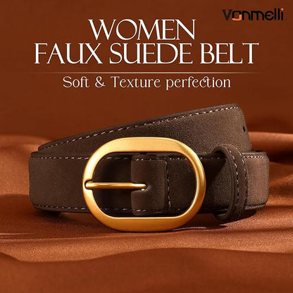 VONMELLI Faux Women's Suede Belt for Jeans Dresses Ladies Leather Belt with Vintage Gold Buckle