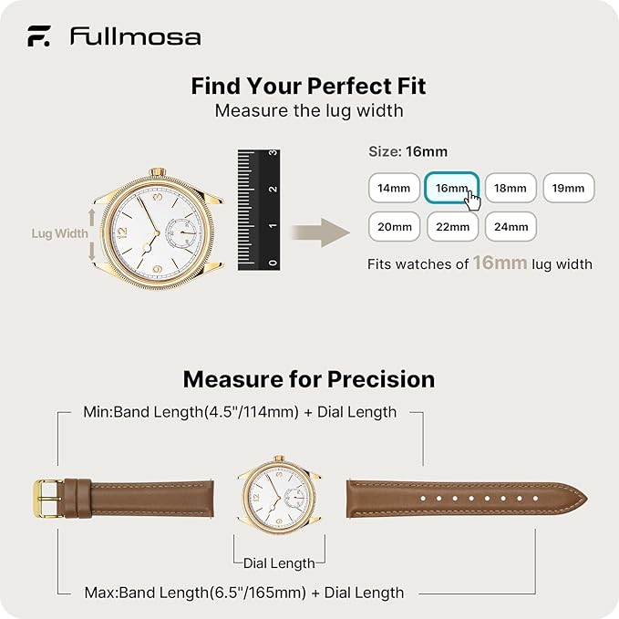 Fullmosa Watch Band, Quick Release Leather Watch Strap for Men Women, Replacement Bands Width 12mm 14mm 16mm 18mm 19mm 20mm 21mm 22mm 24mm