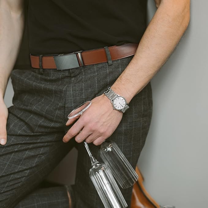 2 Pack Ratchet Belt 1 3/8", Mens leather Dress Belt in Gift Set Size 28"-62" Adjustable waist Trim to Fit
