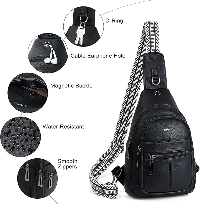 Leresas 7L Sling Bag for Women Vegan Leather Crossbody Purse Chest Bags Fashionable Trendy Fanny Pack with Travel, Black
