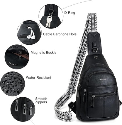 Leresas 7L Sling Bag for Women Vegan Leather Crossbody Purse Chest Bags Fashionable Trendy Fanny Pack with Travel, Black