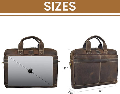 Full Grain Leather Messenger Bag for Men, 16” Briefcase Laptop Satchel Vintage Professional Office Work & Travel Bag