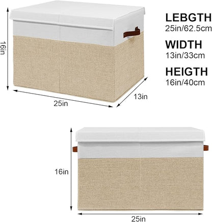 Gowee Large Toy Storage Box with Lid, Sturdy Toys Storage Chest Bin Organizer Basket with Dividers for Kids, Boys, Girls, Nursery, Closet, Bedroom, Playroom 25"x13" x16" (Beige and White)