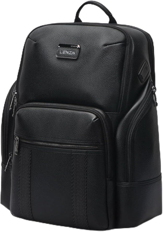 LENZN Durable Leather Laptop Business Backpack Perfect for Men & Women, Work Backpack Fits 15.6 Inch, Premium Quality Travel Bag with USB Charging Port, Water-Resistant, Bookbag with Multiple Pockets